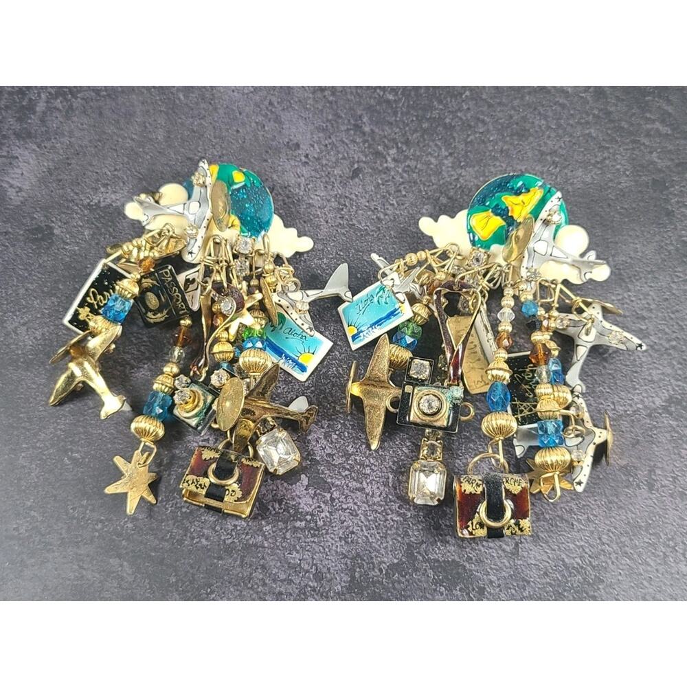 Rare Lunch At The Ritz World Traveler Earrings Signed Globe Airplane Travel...